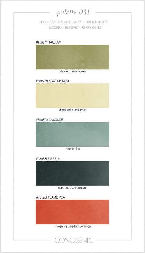 Modern environmental color palette by Iconogenic, for client. Olive, Mist, Deep Green, Flame Coral. Green Degrees Color, Colour Palette With Olive Green, Olive Palette Colour Schemes, Olive Green Interior Color Palette, Rosemary Green Color Palette, Olive Green Color Pallette, Bright Olive Green Color Palette, Blue Green Coral Color Palette, Olive Green Coordinating Colors