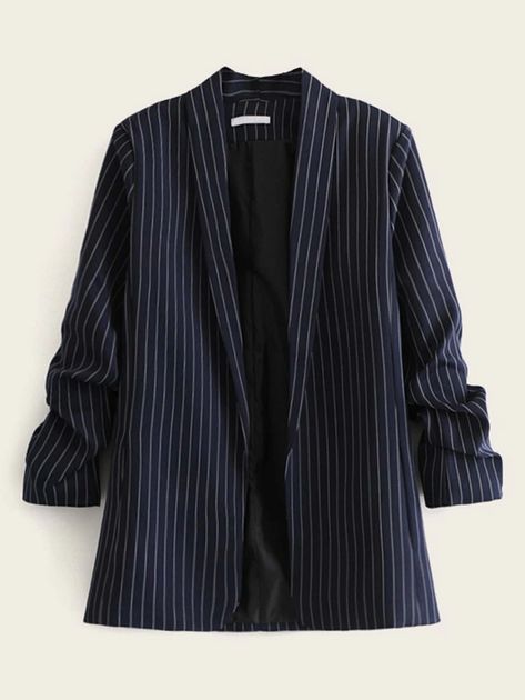 Ruched Sleeve Vertical-Striped Blazer | SHEIN USA Shawl Collar Blazer, Striped Shawl, Plus Size Blazer, Ruched Sleeve, Striped Blazer, Blazer Outfits, Fesyen Wanita, High Waisted Denim, Blazers For Women