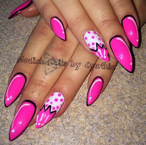 Comic Almond Nails, Comic Book Nails Almond, Pink Comic Nails, Comic Heart Nails, Pop Art Comic Nails, Comic Book Nail Art, Comic Book Pop Art Nails, Pink Comic Book Nails, Comic Nails