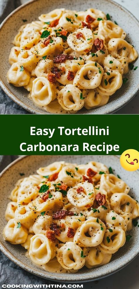 Searching for a quick and delicious dinner? This Tortellini Carbonara recipe offers a delightful mix of taste and simplicity. Perfect for families, it ensures everyone enjoys a comforting meal together. Easy Tortellini Recipe, Sausage Stuffed Tortellini Recipes, Quick Tortellini Recipes, Meals With Tortellini, Spinach Tortellini Recipes, Tortilini Recipes Simple, Frozen Tortellini Recipes, Recipes With Tortellini, Tortellini Carbonara