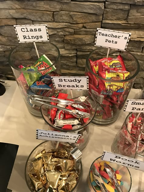 College graduation themed candy bar! Kindergarten Snacks, Graduation Party Desserts, Kindergarten Graduation Party, Graduation Food, Graduation Desserts, Outdoor Graduation Parties, Senior Graduation Party, Graduation Party High, Graduation Party Foods