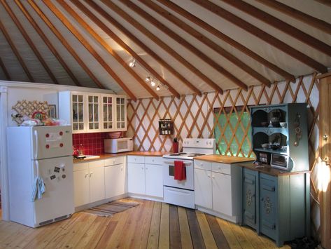 Awesome layout, countertop space. Yurt Kitchen, Yurt Home, Cabin Style, Yurt, Countertops, Kitchen Cabinets, Cabin, Layout, Home Decor