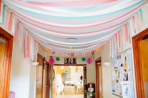 Ribbon Crepe Paper Hanging Ceiling Decor Pretty Quirky DIY Village Hall Wedding http://lauradebourdephotography.com/ Hanging Ceiling Decor, Ceiling Streamers, Quirky Diy, Origami Garland, Simple Jewerly, Streamer Decorations, Crepe Streamers, Village Hall Wedding, Wedding Whimsical