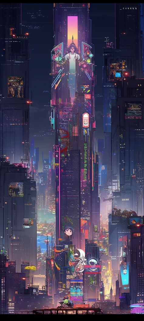 Neon City Futuristic, Sci Fi Japanese City, Futuristic City Night, Futuristic Magic City, Solarpunk City At Night, Cyberpunk City Skyline, Semi Futuristic City, Dystopian Cyberpunk City, Cyberpunk Building Design