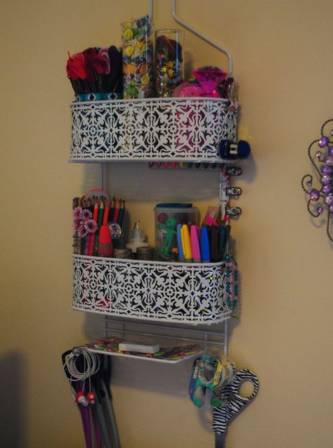 I re-purposed a shower caddy as shelving for some of my craft supplies. :) Shower Caddy Storage, Dream Craft Room, Scrapbook Room, Office Crafts, Craft Room Storage, Craft Room Office, Shower Caddy, Sewing Rooms, Craft Room Organization