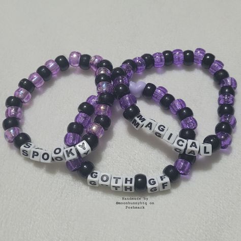 Glittery Black And Purple Pony Bead Bracelet "Magical" Glittery Black And Purple Pony Bead Bracelet "Goth Gf" Black And Holographic Purple Pony Bead Bracelet "Spooky" Double Stranded Elastic Kandi Bracelet Perfect For Emo, Scene, Y2k, Rave, Festival, Goth, Pastel Goth, Egirl, Gamer, Lgbt Pride Aesthetics. Elastic Bracelet Has Fair Stretch. Model Wrist 6.5" Model Hand 7.5" Please Check Measurements For Both. Please Do Not Exceed 8" Width, Elastic Will Break More Sizes Will Be Included Soon. Stock Kandi Bracelets Rave Goth, Matching Word Bracelets, Witchy Friendship Bracelet, Brainrot Bracelets, Purple Kandi Bracelet, Scene Kid Bracelets, Kandi Bracelets Tutorial, Kandi Bracelets Aesthetic, Pony Bead Bracelets Ideas