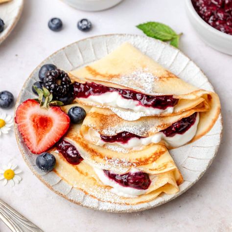 Sourdough Crepes Sourdough Crepes, Crepe Filling, Berry Crepes, Best Crepe Recipe, Homemade Crepes, Berry Pancakes, Crepes Filling, Easy Brunch Recipes, Strawberry Dessert Recipes