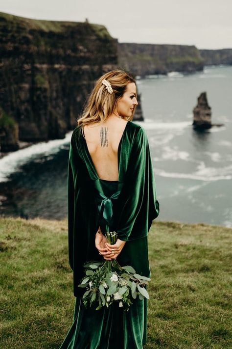 Dare to be Different: 15 Epic Coloured Wedding Dresses | OneFabDay.com Green Velvet Wedding Dress, Mustard Wedding Dresses, Lilac Wedding Dresses, Emerald Green Wedding Dress, Velvet Wedding Dress, Mustard Wedding, Vow Renewal Dress, Dark Green Wedding, Colored Wedding Dress