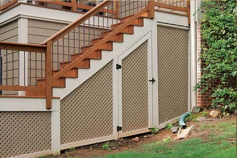 Need outdoor storage?  Design your deck or porch to do 'double duty' by using the space beneath. | atlantadecking.com Under Deck Storage, Decking Fence, Deck Skirting, Under Deck, Stairs Storage, Staircase Storage, Deck Storage, Under Decks, Deck Stairs