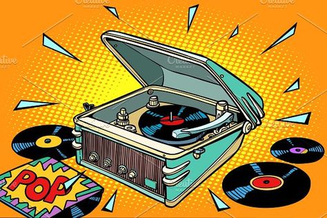 pop music, vinyl records and gramophone by rogistok on @creativemarket Cartoon Pop Art, Pop Art Vector, Cartoon Pop, Music Background, Music Vinyl, Music Illustration, Pop Art Illustration, Music Backgrounds, Marvin Gaye