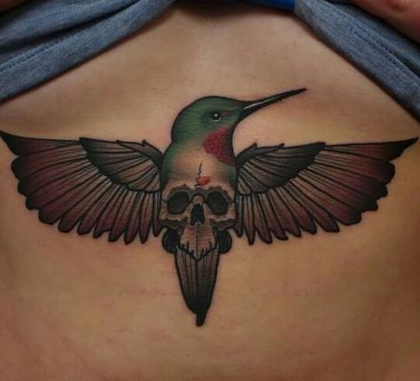 Hummingbird sternum Bird Skull Tattoo, Small Bird Tattoo, Underboob Tattoo, Aztec Tattoo, Hummingbird Tattoo, Sternum Tattoo, Hot Tattoos, Tattoo Trends, Tattoo Sleeve Designs