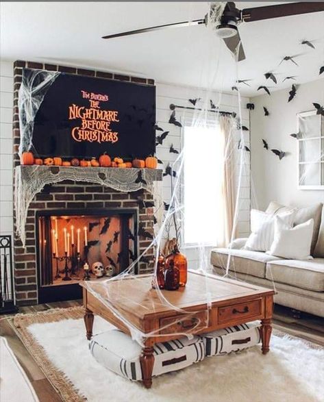 Halloween Living Room Decor, Halloween Fireplace, Halloween Living Room, Halloween Bedroom, Halloween Mantle, Nightmare Before Christmas Halloween, Christmas Decorations Living Room, World Of Art, Christmas Living Rooms