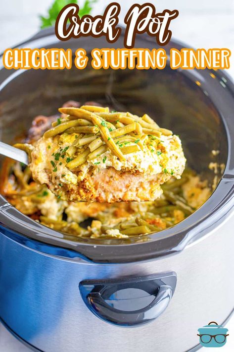 a spoon holding up a serving of chicken and stuffing over a slow cooker. Stuffing Dinner, Stuffing Crockpot, Crock Pot Chicken And Stuffing, Crockpot Chicken And Stuffing, Crockpot Favorites, Meals Crockpot, Chicken And Stuffing, Southern Chicken, Pork Chops And Gravy