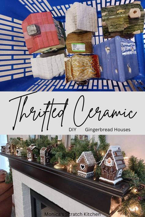 spray painted gingerbread Ceramic Gingerbread House Diy, Diy Gingerbread Village, Thrift Christmas, Diy Gingerbread Houses, Ceramic Gingerbread House, Gingerbread House Diy, Diy Gingerbread House, Diy Christmas Fireplace, Ceramic Village