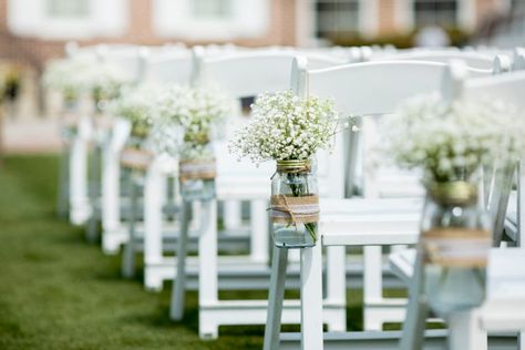 Mason jar with flowers hanging from chair for wedding - Honeyfund Blog by Honeyfund.com, the free honeymoon registry Wedding Chair Decorations Ceremony, Hanging Mason Jars Wedding, Aisle Decorations Wedding, Wedding Mason Jars, Mason Jars Wedding, Aisle Candles, Wedding Aisles, Honeymoon Registry, Aisle Decorations