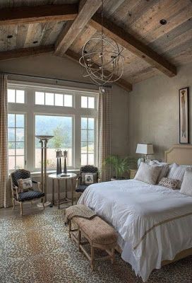 27 Amazing Bedroom Windows Design Ideas | ARA HOME #bedroomdecor  #windows  #windowseat Master Bedrooms Wood Ceiling, Rustic Shed House, Barndominium Addition To House, Small Barndominium Interior, Luxury Cabin Bedroom, Rustic House Floor Plans, Vaulted Ceiling Bedroom Master Suite, Pole Barn House Interior, Exposed Beams Bedroom