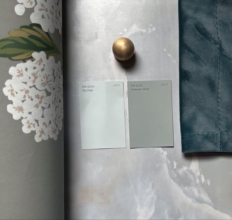 Marble background, brass knob, gray floral wallpaper, and blue velvet curtain mood board Sky High Sherwin Williams, Sherwin Williams Samovar Silver, Samovar Silver Sherwin Williams, Sherwin Williams Sky High, Samovar Silver, Olive Paint, 27 Wallpaper, Bedroom Moodboard, Paint Color Guide