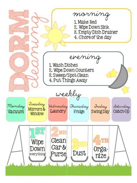 I wish I would've had this last year! Maybe make some changes and use this for an apartment cleaning schedule ~ Apartment Cleaning Schedule, Organization Dorm, Modern Lofts, Dorm Cleaning, Cleaning Plan, Dorm Stuff, Room Cleaning, Girl Bedding, Dorm Sweet Dorm