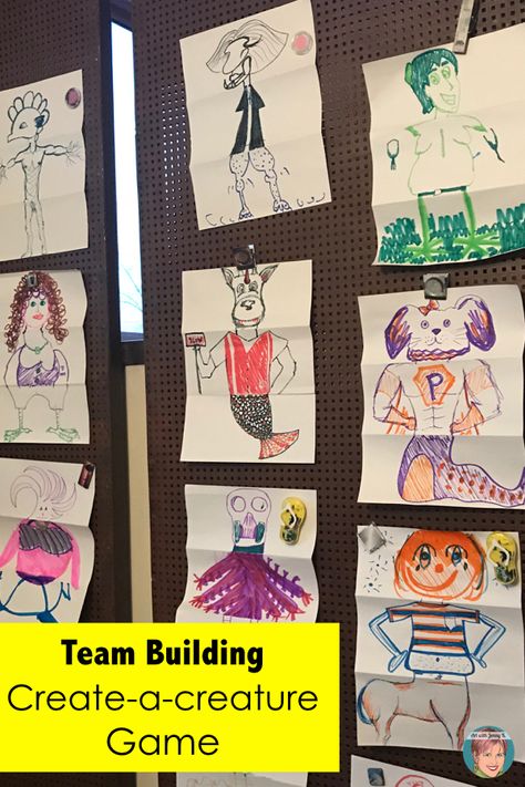 Team building activity for adults - create-a-creature drawing game. Team Building Activities For Adults, Art Games For Kids, Building Games For Kids, Art With Jenny K, Activity For Adults, Fun Team Building Activities, Team Building Activity, Team Building Games, Team Activities