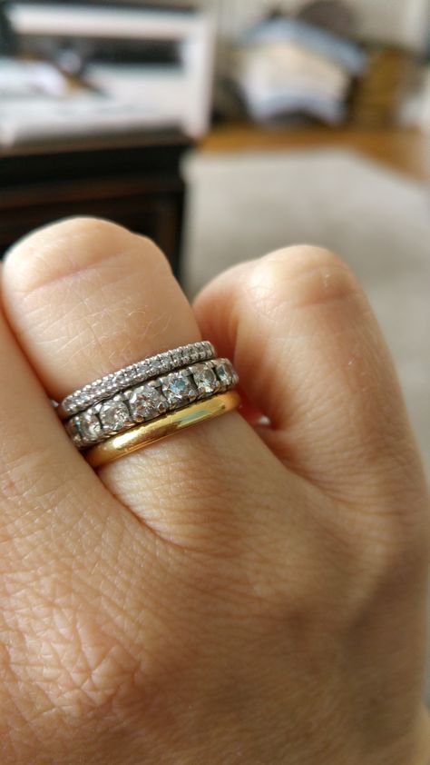 Gold And White Gold Rings Together, Plain Gold Wedding Band With Engagement Ring, Eternity Band With Plain Band, Gold Diamond Stacking Rings, Gold Wedding Band Stack Ideas, Classic Ring Stack, Gold Band Stack, Plain Gold Engagement Ring, Mixed Metal Stacked Wedding Rings