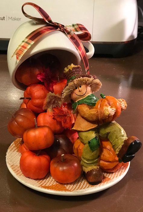 Fall pumpkin floating teacup Cup And Saucer Crafts, Floating Tea Cup, Floating Cups, Tea Cup Art, Teacup Gardens, Tea Crafts, Teacup Crafts, Easy Homemade Gifts, Coffee Cup Art