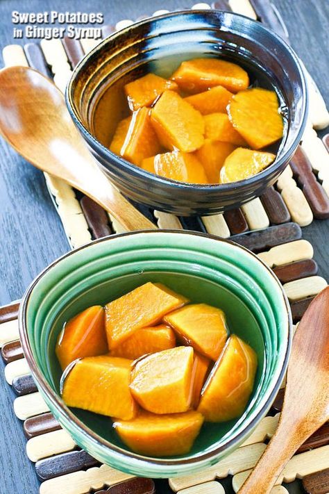 Asian Sweet Potato, Potato Dessert Recipes, Sweet Potato Dessert Recipes, Traditional Asian Dish, Hasselback Sweet Potatoes, Sweet Potato Dessert, Sweet Soup, Ginger Syrup, Savory Herb