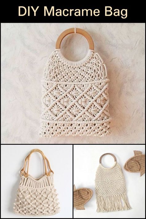 Diy Macrame Bag, Macrame Tas, Bag With Wooden Handles, Diy Macrame Wall Hanging, Simpul Makrame, Pola Macrame, Macrame Purse, Sac Diy, Diy Sac