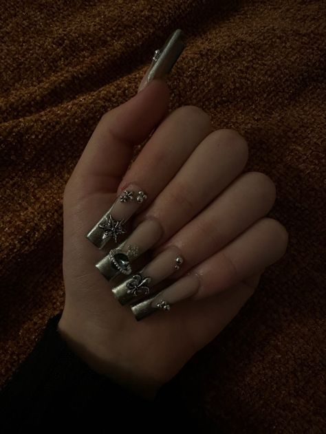 Chrome French Tip With Gems, Silver Nails With Charms, French Tips With Charms, Silver Chrome French Tip Nails With Rhinestones, Silver Chrome French Tip Nails, French Tip With Charms, Flamingo Nails, Chrome Nails Designs, Dope Nail Designs