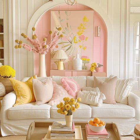 Boho Cottagecore Living Room, Light Airy Living Room, Peach Living Room, Peach Living Rooms, Boho House Ideas, Colorful Cottagecore, Pastel Pink And Yellow, Meaning Of Colors, Cottagecore Living Room