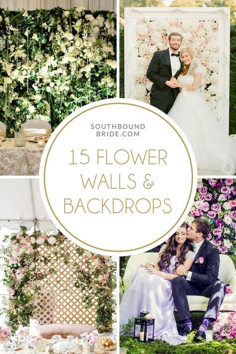 Wedding Flower Walls & Backdrops | SouthBound Bride Wallpaper Wedding Backdrop, Wedding Photo Wall Backdrop, Wallpaper Wedding, Wedding Photo Walls, Flower Backdrop Wedding, Flower Wall Wedding, Bridal Shower Backdrop, Flower Wall Backdrop, Wall Backdrops