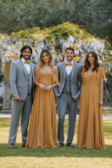 Wedding Mens Suits, Grey Tuxedo Wedding, Tuxedo Ideas, Mens Suits Wedding, Light Gray Suit, Mustard Yellow Wedding, Bridal Party Ideas, Groom Wedding Suit, Tuxedo Groom