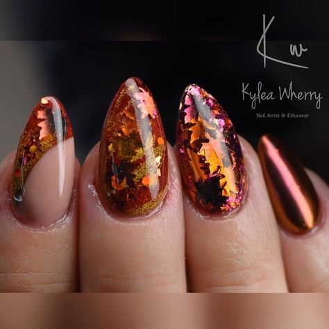 Fall Foil Nails, Autumn Nail Designs, Copper Fall, Sculpted Nails, Autumn Nail, Instagram Autumn, Falling Leaves, Autumn Nails, Copper Foil