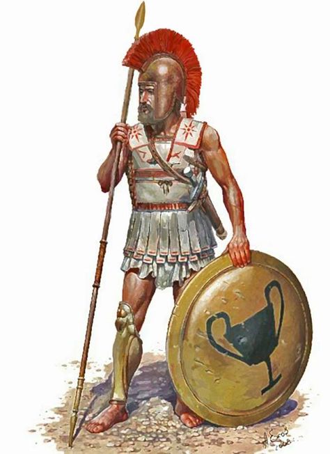 A hoplite in a standard tube and yoke. He wears an Illyrian helmet, and carries a kantharos emblazoned upon his aspis, which marks him as an adherent of Dionysos. Spear And Shield, Ancient Sparta, Greek Soldier, Classical Greece, Roman Soldier, Historical Warriors, Hellenistic Period, Ancient Armor, Historical Illustration