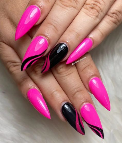 Black And Neon Pink Nails, Black Nail Trends, Pink And Black Nail Art, Pink And Black Nail Designs, Pink Black Nails, Purple Nail Art Designs, Blue And Silver Nails, Funky Nail Art, Purple Nail Art