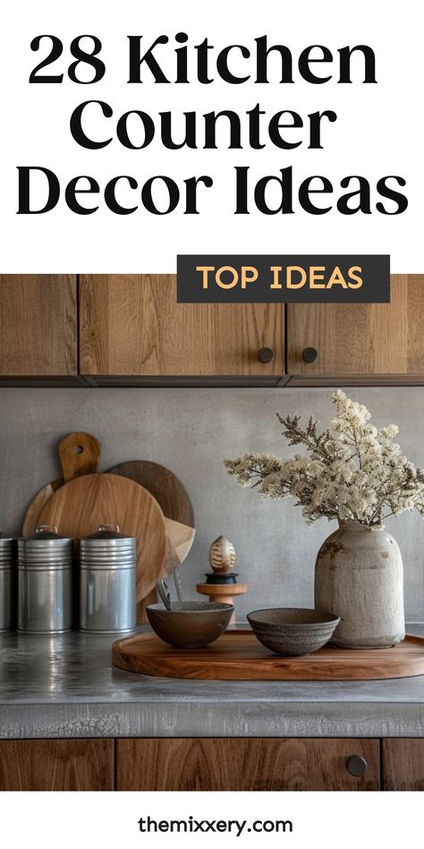 28 kitchen counter decor ideas with wooden accents, jars, and a vase with white flowers. Arranging Kitchen Countertops, Countertop Decor Ideas Kitchen, Kitchen Counter Styling Ideas, Styling Kitchen Countertops, Decorating Kitchen Countertops, Kitchen Countertop Colors, Kitchen Countertop Decor Ideas, Countertop Decor Ideas, Kitchen Counter Styling