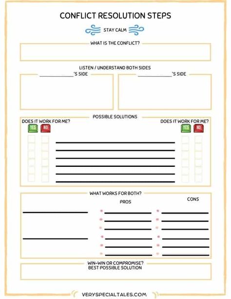 Conflict Resolution Steps Worksheet Conflict Resolution Steps, Conflict Resolution Worksheet, Conflict Resolution Activities, Self Esteem Worksheets, Coping Skills Activities, School Counseling Activities, Life Skills Curriculum, Leadership Activities, Conflict Management