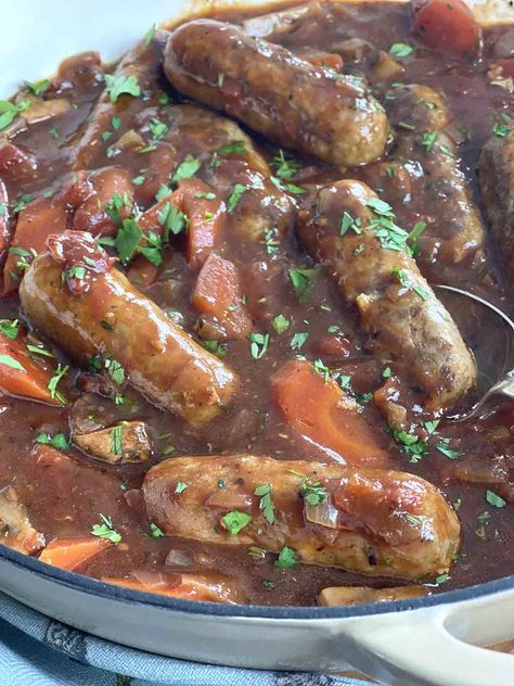 Deer Sausage Links Recipe Dinners, Slow Cooked Sausages, Sausage Stew Slow Cooker, Slow Cooker Recipes Sausage, Sausage Slow Cooker Recipes, Slow Cooker Beef Casserole, Sausage Casserole Dinners, Sausage Casserole Slow Cooker, Slow Cooker Sausage Recipes