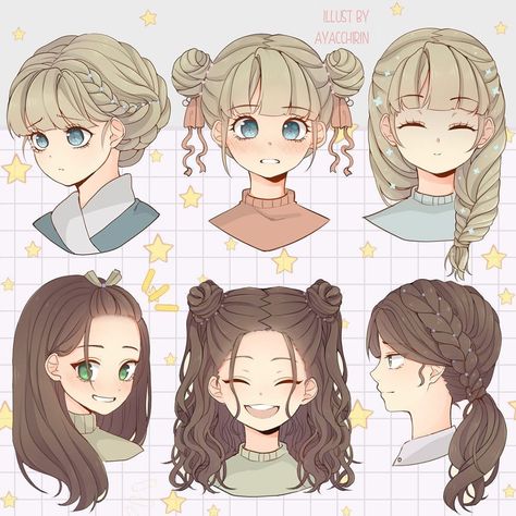 Aya | DTIYS ONGOING 🌟’s Instagram photo: “hairstyle part 2! which one is your favorite?~ . i was watching Pride and Prejudice and thinking about making braided some hairstyles after…” Braided Anime Hairstyles, 2 Buns Hairstyle Drawing, Anime Bun Hairstyle Reference, Bun Buns Hairstyle, Drawn Hairstyles Character Design, Anime Buns Hairstyle, How To Draw Bun Hair, Cute Drawn Hairstyles, Cute Hairstyles For Medium Hair Drawing