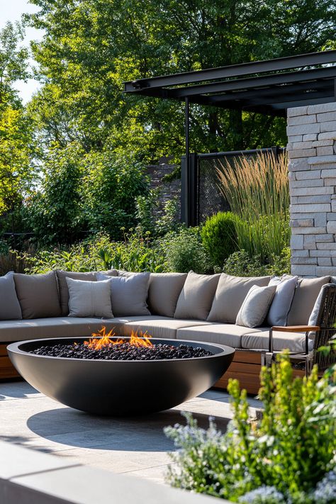 Modern outdoor lounge with a sectional sofa, sleek fire bowl, minimalist planters, and LED lighting, set against a geometric backdrop of stone and metal --ar 2:3 --style raw --v 6.1 Outdoor Living Space Ideas, Living Space Ideas, Rooftop Gardens, Balcony Design Ideas, Rustic Patio, Zen Space, Outdoor Living Spaces, Woven Throw Blanket, Tall Trees