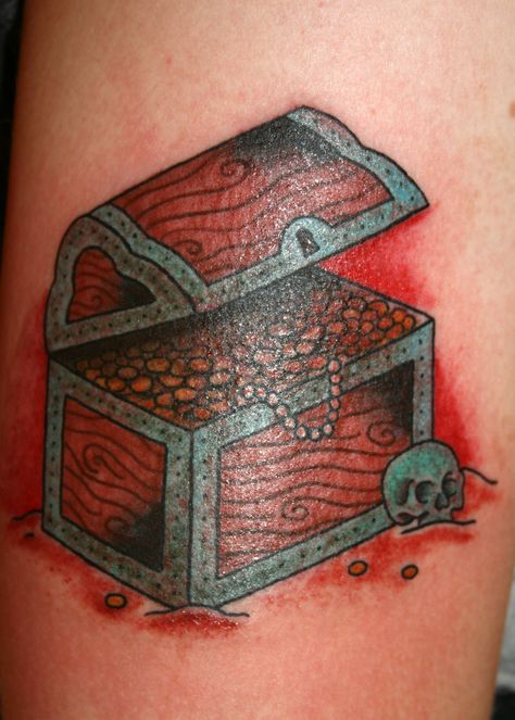 treasure chest tattoo - want something like this added to my mermaid. Treasure Chest Tattoo, Treasure Tattoo, Cartoon Treasure Chest, Chest Tattoo With Meaning, Little Manhattan, X Tattoo, American Tattoos, Mermaid Tattoo, Traditional Tattoos