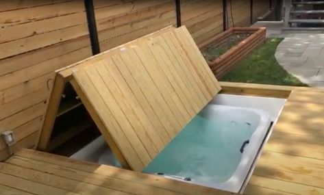 Types of Retractable Hot Tub Covers Hot Tub Insulation Ideas, Recessed Hot Tub, Diy Hot Tub Cover, Jacuzzi Covers, 2nd Story Deck, Hot Tub Covers, Large Hot Tub, Diy Hot Tub, Hot Tub Deck