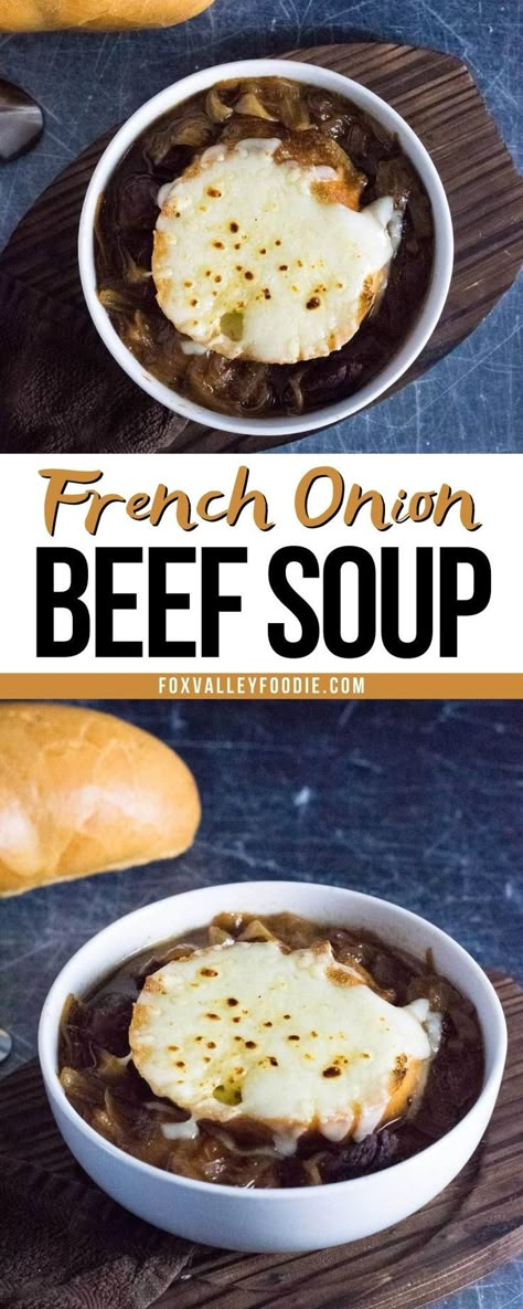 If you like the classic version, you are going to love this hearty French onion soup with beef, topped with a toasted baguette loaded with gooey cheese, of course! This hearty soup is made the same way as traditional French onion soup, but with the addition of beef stew meat which is simmered until it renders into wonderfully tender morsels that melt in your mouth. Beef And Onion Soup, Onion Soup With Beef, French Onion Soup With Beef, French Onion Beef Stew, Recipe For Ground Beef, Popular Soups, Tender Beef Stew, Soup With Beef, French Onion Beef