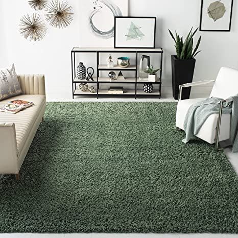 SAFAVIEH August Shag Collection AUG200Y Solid Non-Shedding Living Room Bedroom Dining Room Entryway Plush 1.5-inch Thick Area Rug, 5'3" x 7'6", Green Brown And Green Living Room, Green Rug Living Room, Dining Room Entryway, Green Carpet, Living Room Green, Living Room Area Rugs, Shag Area Rug, Boho Chic Decor, Green Area Rugs