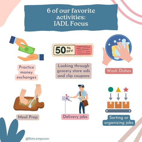 Did you know that practicing Instrumental Activities of Daily Living (IADLs) with kids and young adults can have a profound impact on their independence and future success? 🌱 Today, we're diving into six of our favorite IADL-focused tasks and why they're essential for empowering individuals to thrive in everyday life! 💼✨ Washing Dishes 🍽️: Beyond just cleanliness, dishwashing teaches responsibility, fine motor skills, and sequencing. It fosters a sense of accomplishment and contributes to a ... Independent Living Skills Checklist, Activities Of Daily Living For Seniors, Activity Daily Living Special Education, Developmental Disabilities Awareness Activities, Intellectually Disabled Activities, Grocery Store Ads, Activities Of Daily Living, Daily Living, Washing Dishes