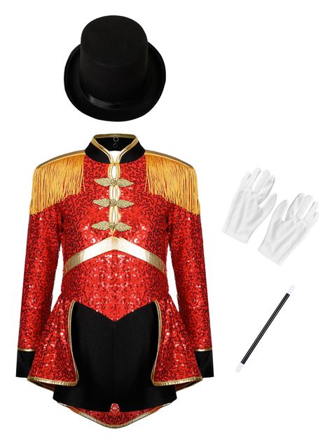 PRICES MAY VARY. Made of high quality polyester and spandx, soft and comfortable to wear, no irritation to skin 4 pieces circus roleplay costume for girls, shiny sequins makes them more eye-catching on the stage Designed with stand collar, long sleeve, cutout at back, fringe epaulet, traditional buttons and gold trim Magician hat, gloves and wand pro are classic matching accessories, which add more fun and make kids more formal Perfect for circus ringmaster/magician/lion tamer roleplay, drum ban Circus Themed Costumes, Magician Costume, Circus Ringmaster, Ringmaster Costume, Gloves Outfit, Toddler Fancy Dress, Marching Band Uniforms, Circus Outfits, Lion Tamer