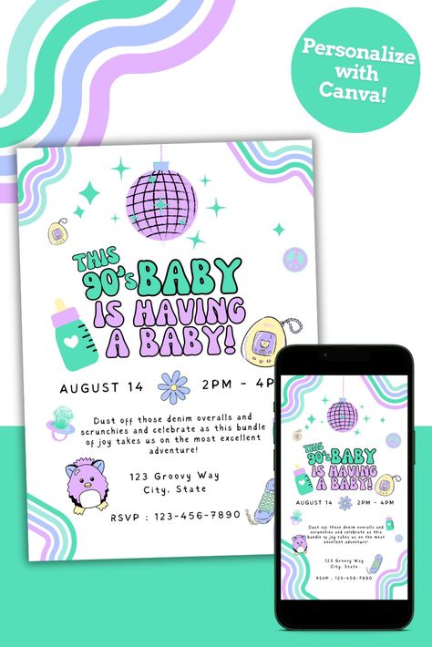 Step into a time capsule of nostalgia as we celebrate a 'This 90s Baby is Having a Baby' extravaganza! 🍼🎉  This baby shower invitation is a blast from the past, combining the charm of the 90s with the excitement of a new arrival. Dust off your discman and join us for a totally tubular celebration that's all that and a bag of chips! RSVP to relive the iconic decade and shower the parents-to-be with love. 

#BabyShower #BabyShowerInvite #BabyShowerInvitations #90sBaby 90s Theme Baby Shower Ideas, 90s Baby Shower Theme, 90s Themed Party, 2000s Baby, Bag Of Chips, 30th Bday, 90s Theme, Baby Shower Outfit, 90s Baby