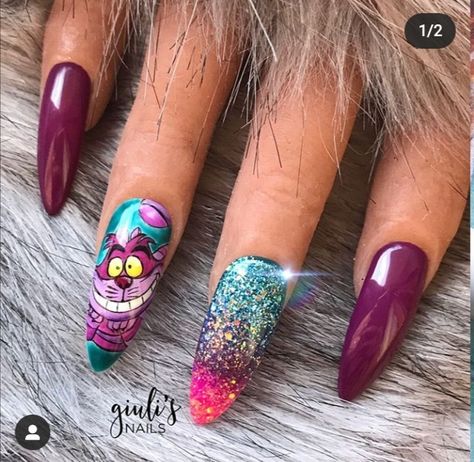 Lilac Nails Design, Alice In Wonderland Nails, Hawaii Nails, The Cheshire Cat, Lilac Nails, Wow Nails, Cute Acrylic Nail Designs, Animal Nails, Disney Nails