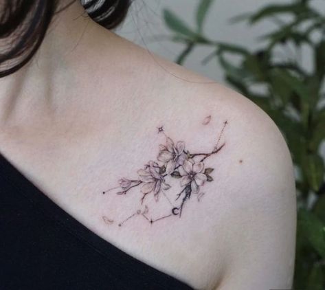 Floral Virgo Constellation Tattoo, Virgo Tattoo Designs Constellations, Morning Glory Virgo Constellation Tattoo, Virgo Constellation Tattoo Collar Bone, Creative Virgo Tattoo, August Constellation Tattoo, September Virgo Tattoo, Virgo Tattoo Flower, Virgo Wrist Tattoo