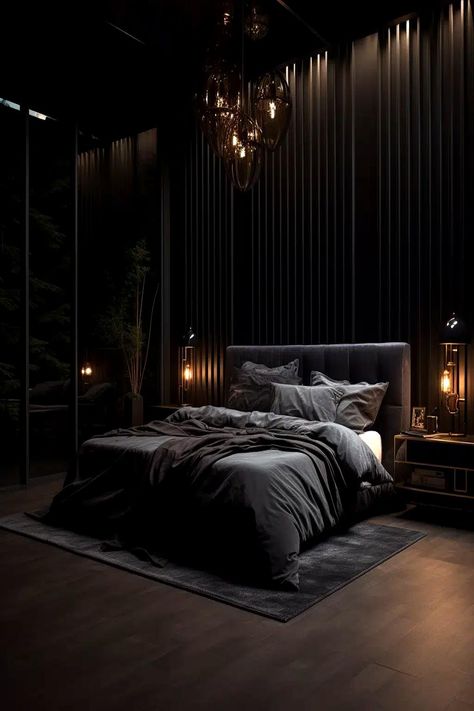 Modern dark cozy bedroom showcasing an elegant bed with gray linens, soft ambient lighting, and tall vertical wall panels creating a sense of height. Dark Cozy Bedroom Ideas, Dark Modern Bedroom, Dark Bedroom Aesthetic, King Size Bed Designs, Dark Cozy Bedroom, Moody Bedroom Ideas, Bedroom Ideas Romantic, Cozy Bedroom Ideas, Double Bed Designs