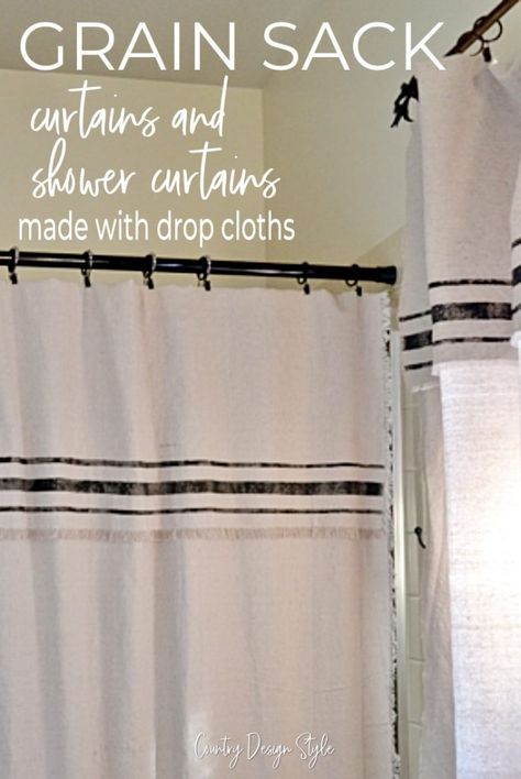 Drop Cloth Shower Curtain Diy, Farmhouse Bathroom Shower Curtains, Drop Cloth Shower Curtain, Shower Curtain Small Bathroom, Shower Curtain Diy, Drop Cloth Ideas, Small Guest Bathroom Ideas, Small Guest Bathroom, Drop Cloth Projects